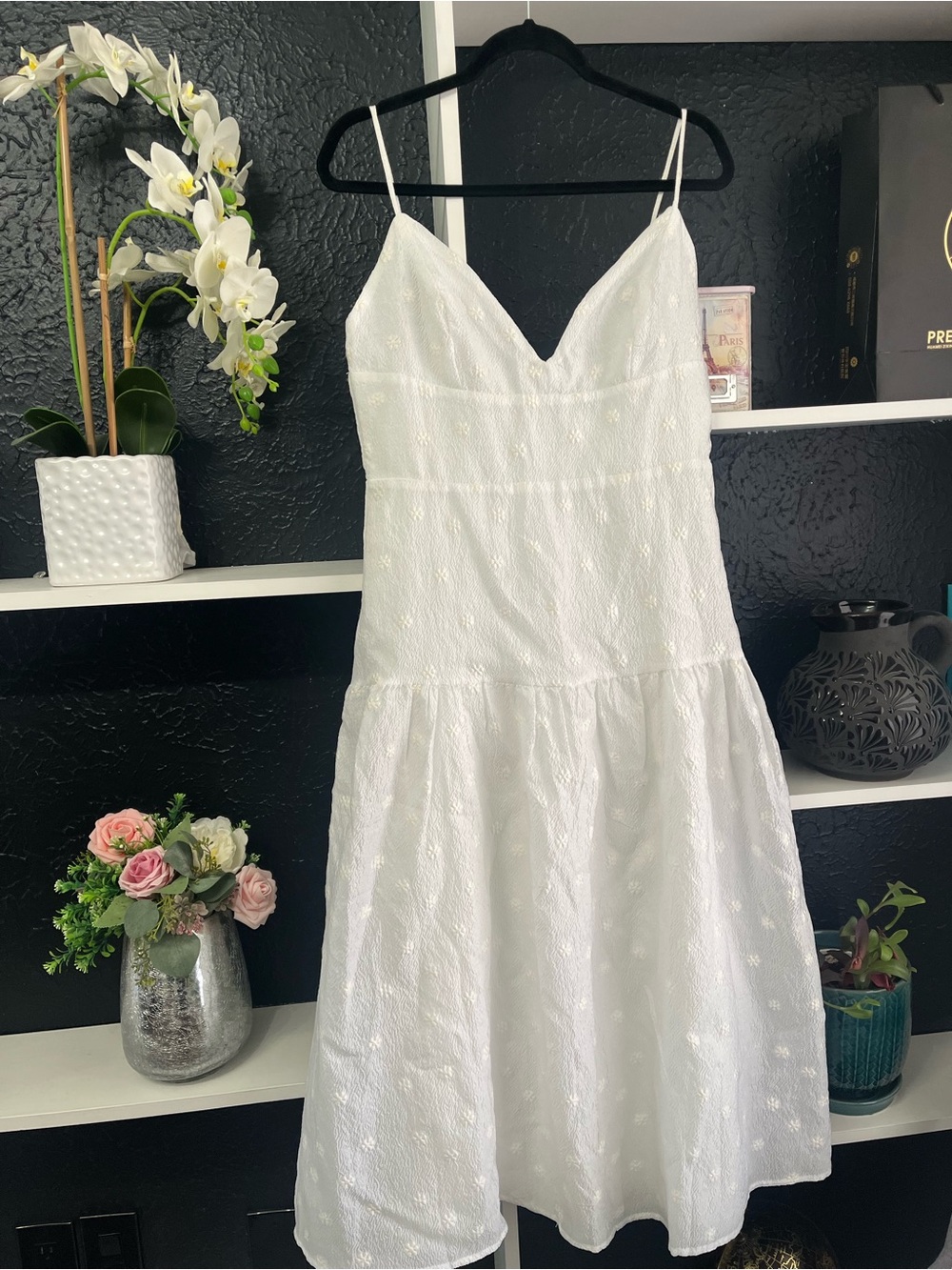 Lulu's White Eyelet Spaghetti-Strap Midi Dress